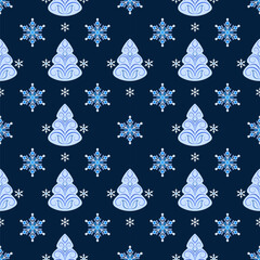 Blue Christmas trees and snowflakes. Cozy winter holiday seamless pattern on dark blue background. Winter cold forest. Fir trees with curls. Classic christmas holiday decor