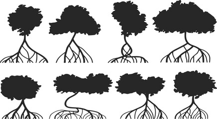 Black Silhouette Vector Set of Mangrove Trees and Roots, Illustrating Coastal Ecology, Wetland Environment, Tropical Swamp, and Nature Conservation Concepts.
