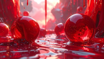 Glossy red spheres sit on a reflective surface with crimson drips overhead, surreal and abstract landscape