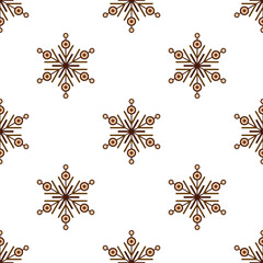Cute winter holiday seamless pattern on white background. Brown gingerbread Christmas snowflake. Warm sweet christmas holiday decor