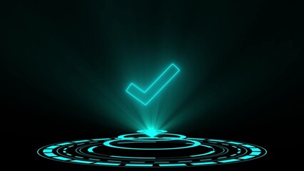 Glowing cyan check mark symbol hovering above a futuristic circular platform with light rays emanating upwards