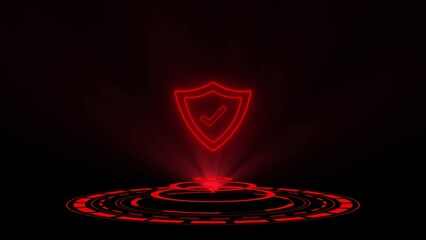 Red neon shield with checkmark hologram over circular platform tick