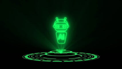 Green neon robot hologram with ai text on futuristic circular platform artificial intelligence