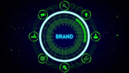 Digital interface with brand in center and icons around it technology network