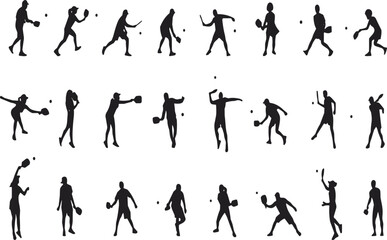 Pickleball Player Silhouettes Vector Set, People Playing Paddle Sport, Diverse Men and Women Serving, Hitting and Volleying, Minimalist Graphic Design Elements.