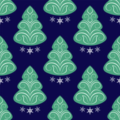 Blue green Christmas trees and snowflakes. Cozy winter holiday seamless pattern on dark blue background. Winter cold forest. Green fir trees with white curls decor