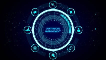 A neon blue circular interface with icons representing continuous improvement and business concepts on a dark starry background