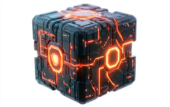 Mysterious extraterrestrial cube hovering in space with transforming patterns symbolizing advanced cognition isolated on transparent background PNG