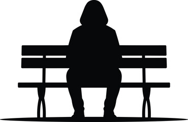 Person sitting alone on a park bench silhouette, vector illustration of loneliness, anonymity, depression, social issues, or mysterious figure for concept and design projects.