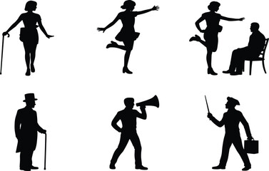 Set of classic people silhouettes, retro characters collection, gentleman, dancing woman, speaker with megaphone, vintage figures, theatrical, communication, variety of poses.