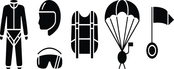 Parachuting and skydiving equipment glyph icon set, vector silhouette illustration of jumpsuit, helmet, harness, goggles, open parachute, and landing flag symbol design.