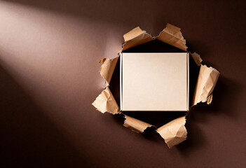 A square box peeking through a torn brown paper background with soft lighting effect above it