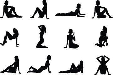 Collection of diverse female silhouettes in various poses, isolated black vector graphics, perfect for design, advertising, fashion projects, promoting beauty and elegance.