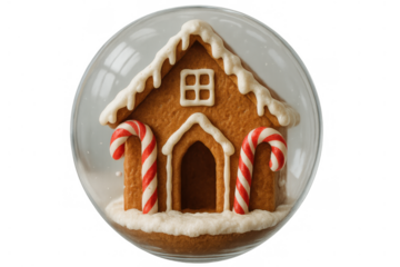 Gingerbread house with candy canes inside a snow globe, a festive holiday decoration on a transparent background