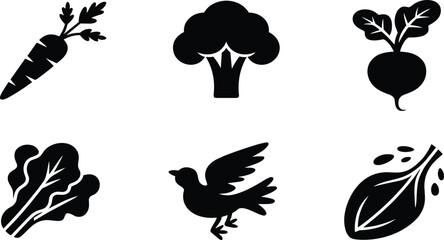 Set of fresh vegetables and nature icons, black glyph vector illustration of carrot, broccoli, radish, lettuce, and bird silhouette for healthy food and organic farming design.