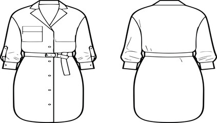 Stylish vector illustration of a woman wearing a blue button-down shirt dress, minimalist fashion design for contemporary digital projects, easy to edit graphic element.