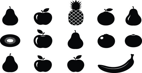 Organic vegetables and nature black glyph icon set, vector illustration of carrot, broccoli, radish, leafy greens, bird, and berries for healthy eating and agriculture design.