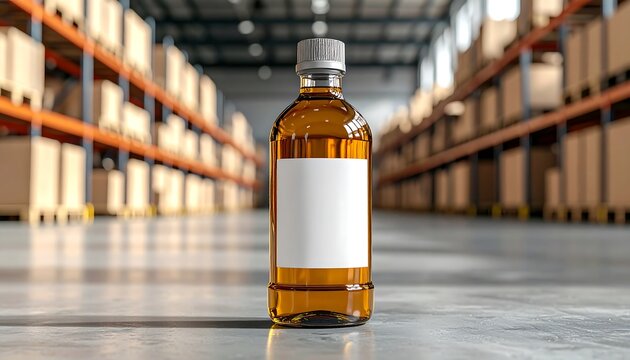 Bottle with blank label in a warehouse setting.