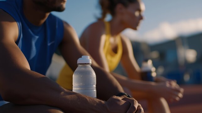 A detailed view of athletes’ training gear and hydration bottles, symbolizing preparation, attention to detail, and professional discipline. cinematic color correction, natural uneven lighting yet