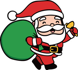 Cheerful Santa Claus Running with Gift Sack and Bell