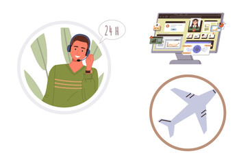 Call center agent with headset and speech bubble, airplane, and computer monitor displaying travel booking platform. Ideal for customer service, travel, aviation, online booking, support