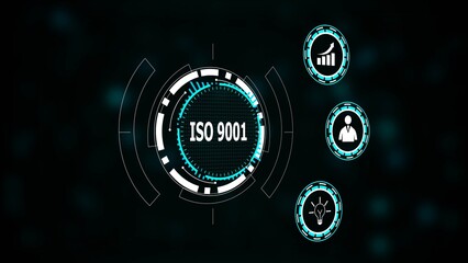 Iso 9001 certification emblem with business icons and futuristic interface elements badge