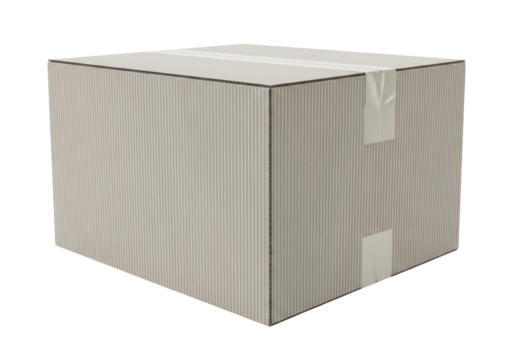 Cardboard box with tape isolated PNG, corrugated container for shipping and storage on transparent background
