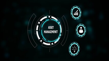Futuristic digital interface displaying asset management with icons for growth person and idea technology
