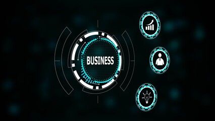 Digital interface with the word business and icons for growth people and ideas abstract analysis