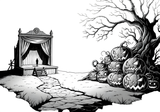 Spooky stage and pile of carved pumpkins isolated on transparent background