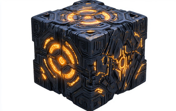 Futuristic alien artifact shaped as a puzzle cube dynamically changing forms reflecting creativity and science isolated on transparent background PNG