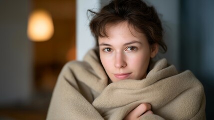 A person wrapping themselves in a blanket near an indoor heater, symbolizing coziness, relaxation, and home well-being on a cold day. cinematic color correction, natural uneven lighting yet gentle