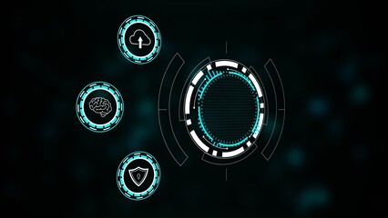 Digital interface with cloud brain and shield icons on dark background technology futuristic