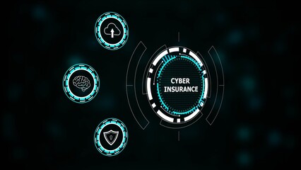 Digital interface displaying cyber insurance with icons for cloud upload brain and shield technology