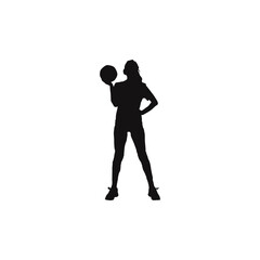Silhouette of a female basketball player holding a ball against a white background