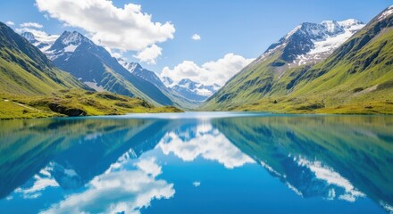 Fototapeta premium Serene alpine lake reflects majestic snow capped mountains under a bright blue sky