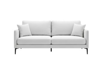 Modern white sofa isolated PNG on transparent background, contemporary couch with cushions for living room interior design