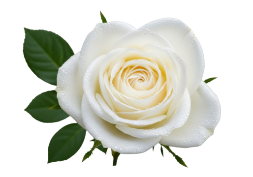 Elegant white rose isolated PNG on transparent background, delicate flower with water droplets for wedding and romantic designs