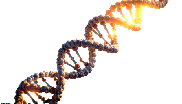 Rendered close-up of a double helix DNA strand, highlighted against a black background - Powered by Adobe