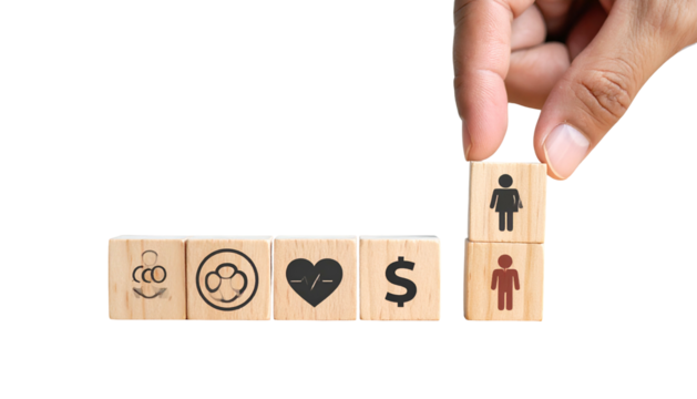 Hand stacks gender symbol block above a male symbol block; other blocks show symbols