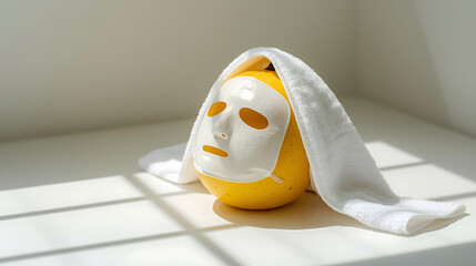 A creative minimalistic photo featuring a yellow melon adorned with a white sheet face mask, draped in a towel, depicting a humorous self-care scene.
