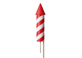 Red and white striped firework rocket PNG isolated on transparent background, festive celebration pyrotechnics for holiday events
