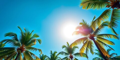 Lush green palm trees against a vibrant blue sky, summer background, illustration