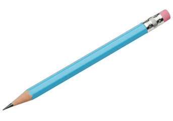 Light blue pencil with pink eraser isolated PNG, writing instrument for school and office supplies...