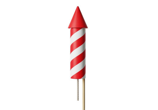 Red and white striped firework rocket PNG isolated on transparent background, festive celebration pyrotechnics for holiday events