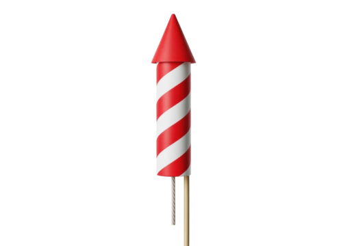 Red and white striped firework rocket PNG isolated on transparent background, festive celebration pyrotechnics for holiday events