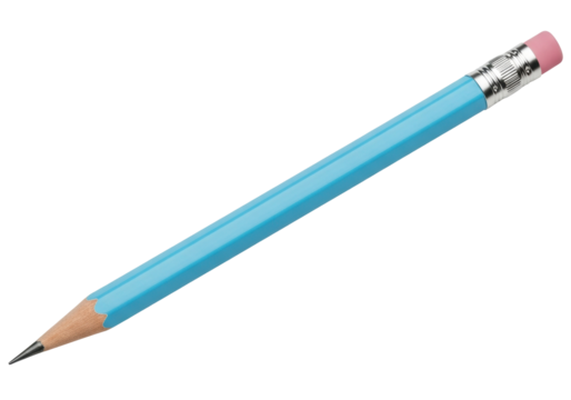 Light blue pencil with pink eraser isolated PNG, writing instrument for school and office supplies on transparent background