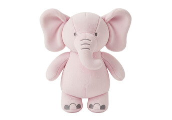 Cute pink elephant plush toy isolated PNG, soft stuffed animal for baby shower and nursery decor on transparent background