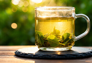A clear glass mug filled with green tea and leaves sitting on a slate coaster outdoors