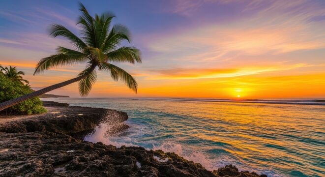 Tropical sunset over ocean waves crashing on rocky shoreline with palm tree